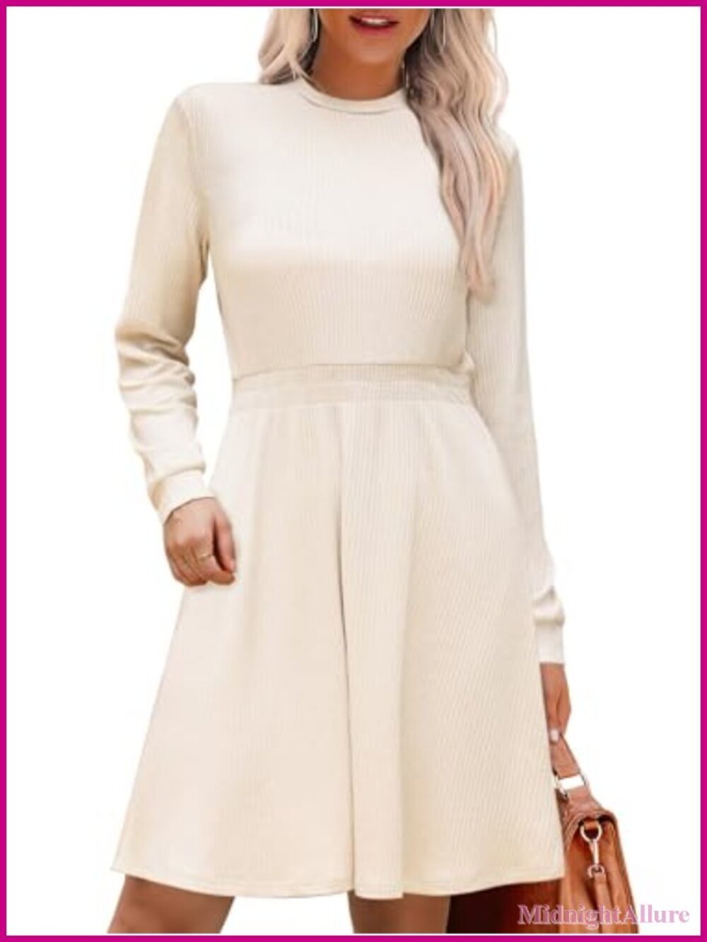 Long Sleeve A-Line Ribbed Knit Midi Sweater Dress Crew Neck